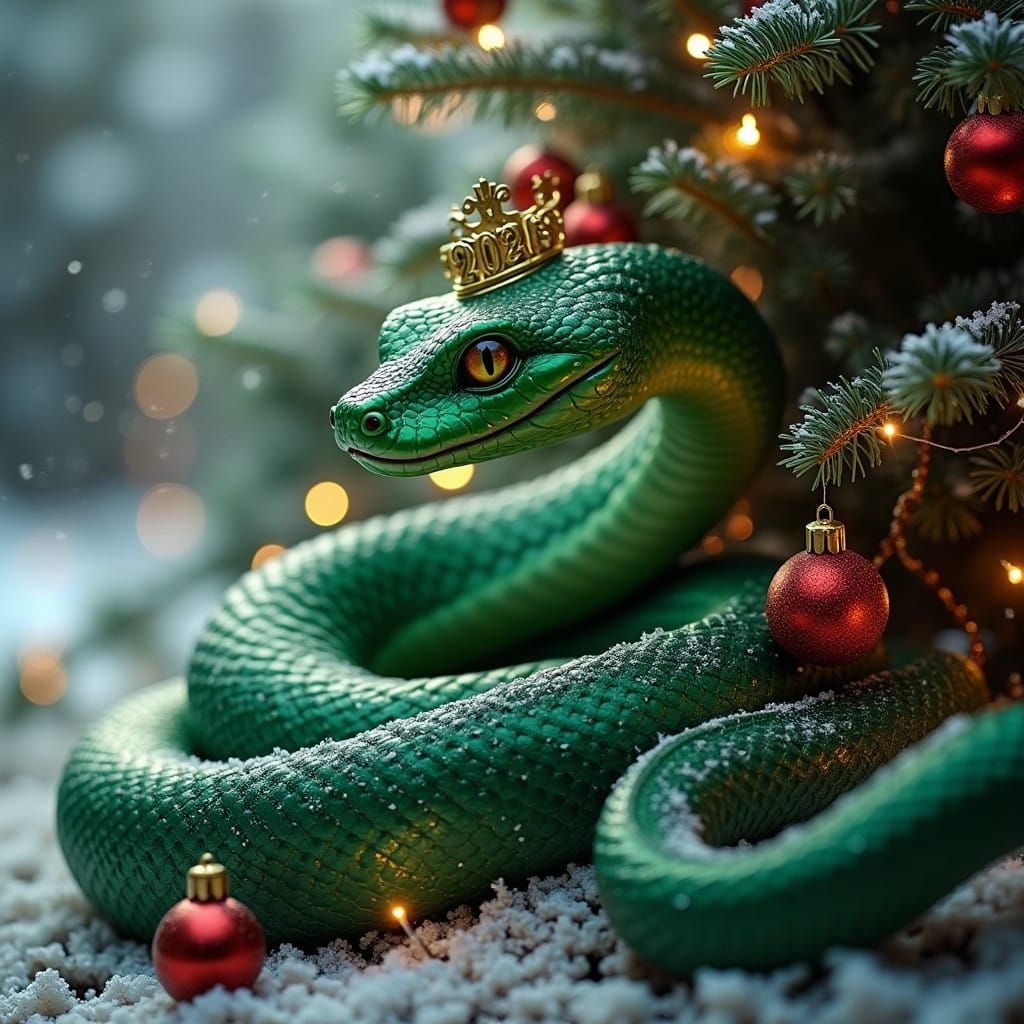 Majestic Green Snake Adorns Christmas Tree in Festive Fantas...
