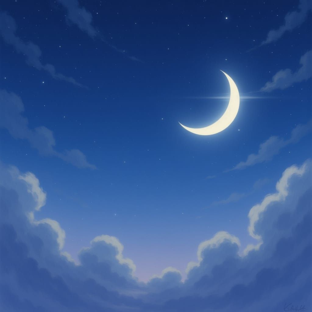 Ethereal Crescent Moon in Ghibli-Inspired Night Sky