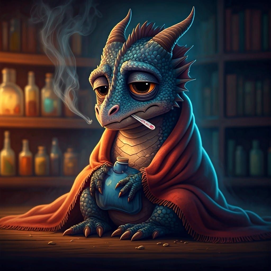 Adorable Dragon with Cold in Fantasy Art Style