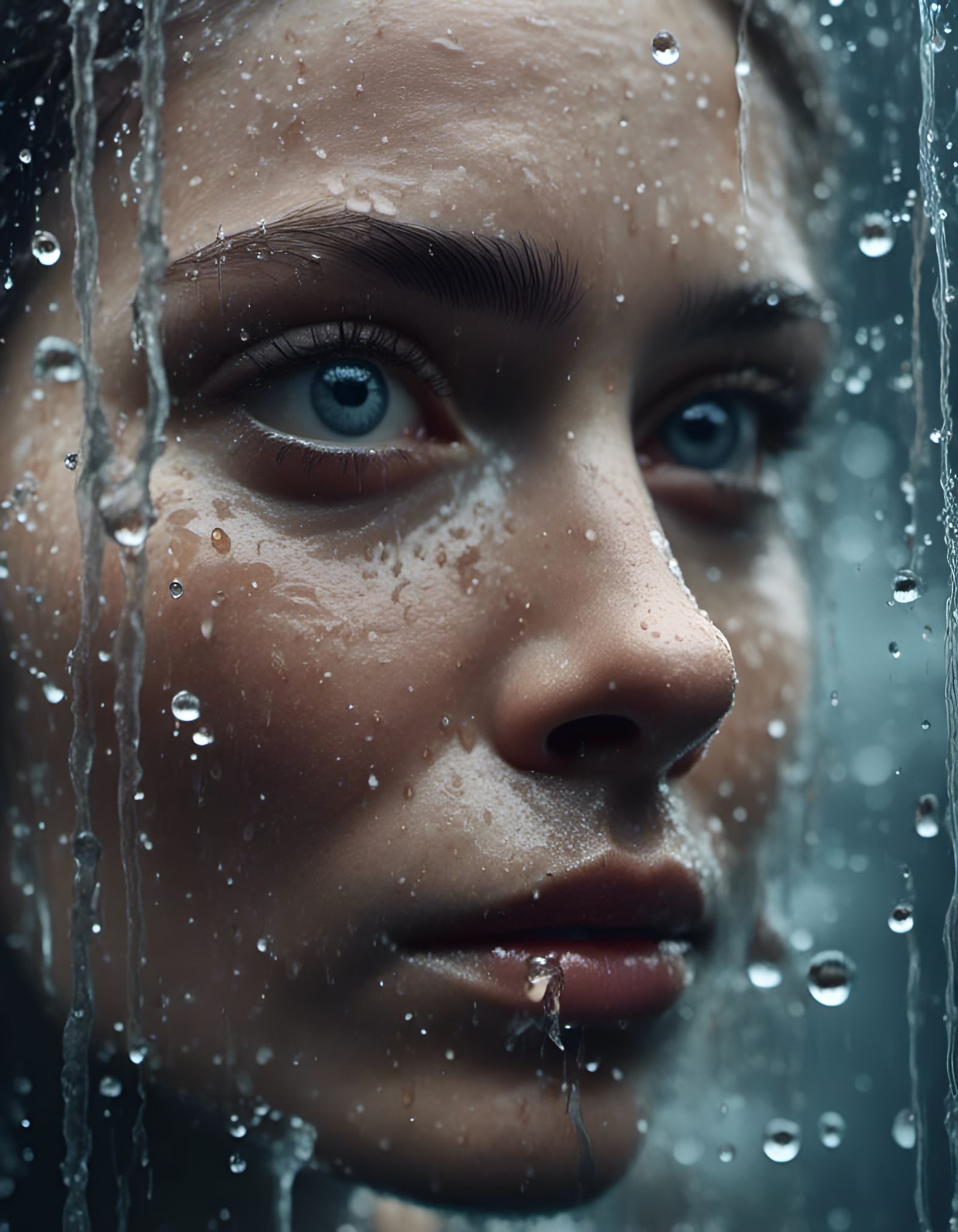 Crying Woman Behind Wet Glass: Hyperrealistic Portrait