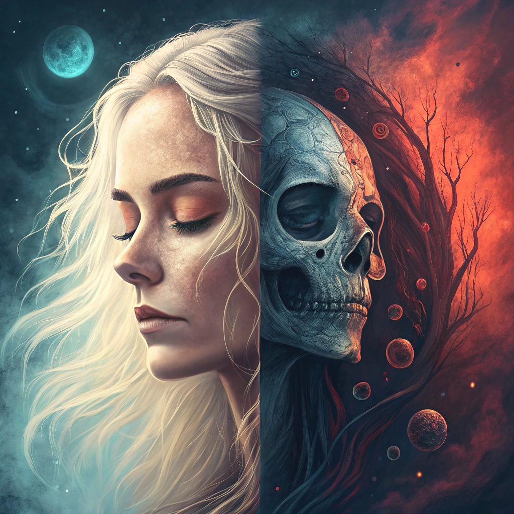 Duality Portrait: Woman and Skull in Semi-Abstract Style