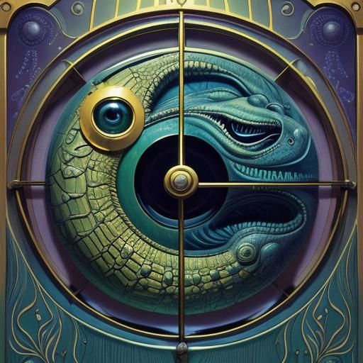 Surreal Elevator Scene with Alligator in Art Nouveau Style