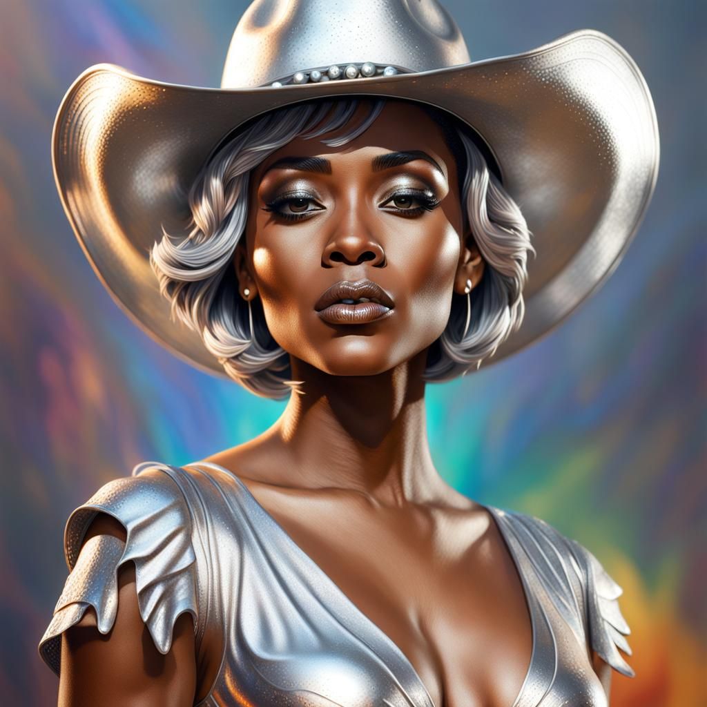 Black Woman in Silver Dress with Cowboy Hat