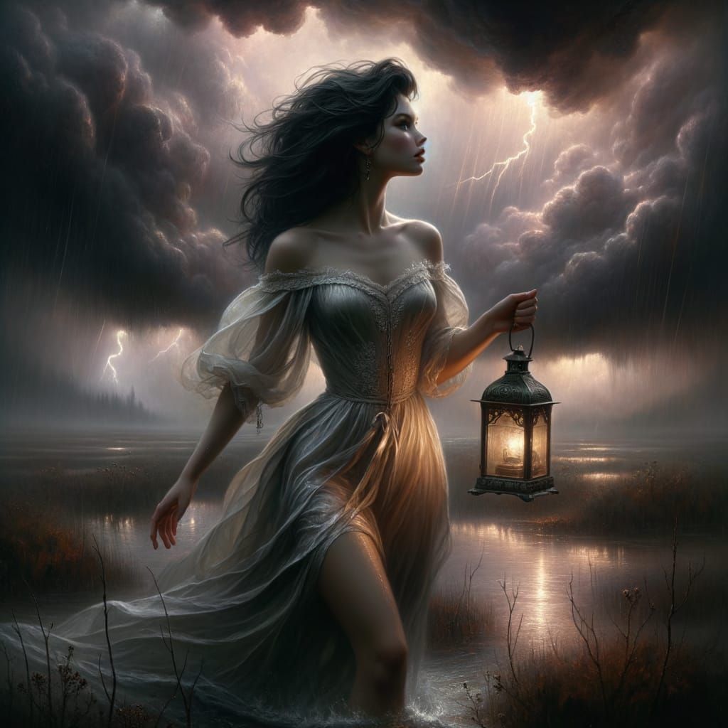 Norse Goddess in Stormy Marsh, Romantic Style