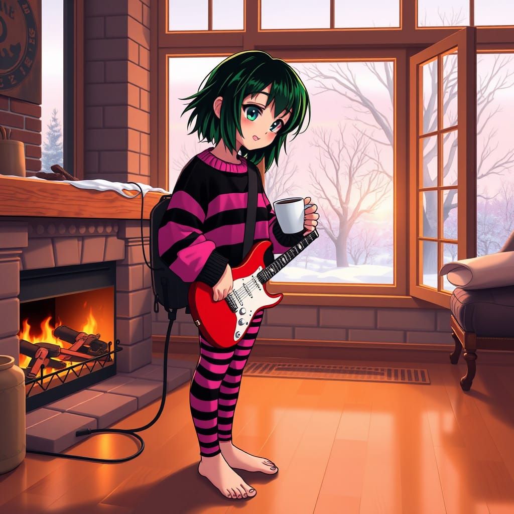 Cute Young Woman in Cozy Winter Scene with Fire and Guitar
