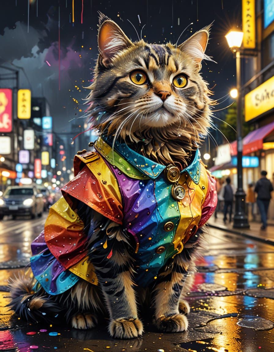 Steampunk Cat in Rainbow Dress, Liquid Art