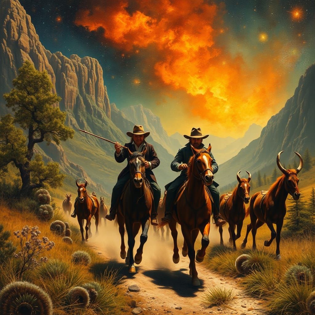 Centaurs Chase in Dreamlike Landscape, Oil Painting Style