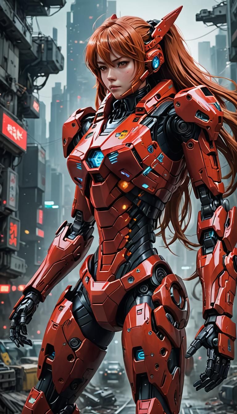 Asuka Langley Cyberpunk Robot Design Sci-Fi Art