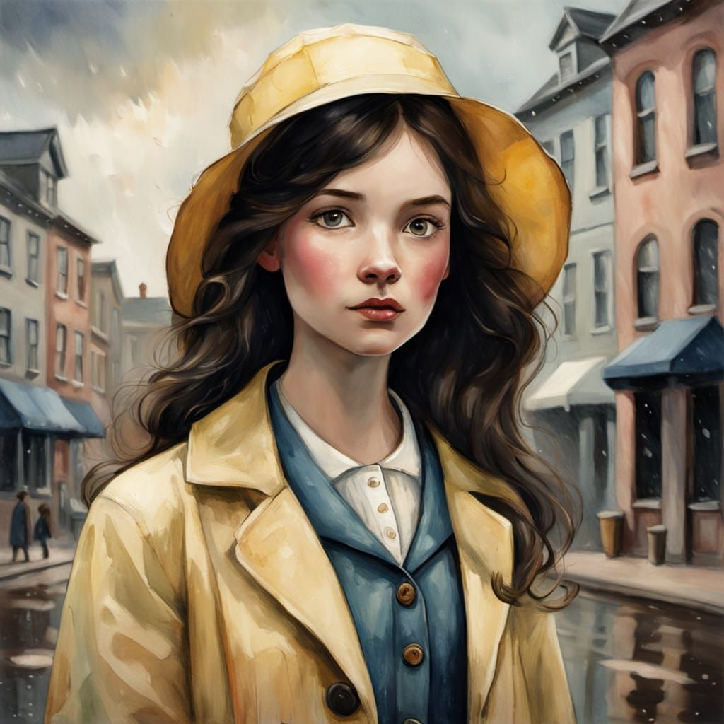Girl in Yellow Raincoat: Watercolor Summer Scene