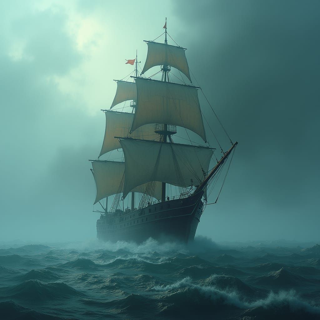 Eerie Ship in Mystical Fog: Fantasy Concept Art