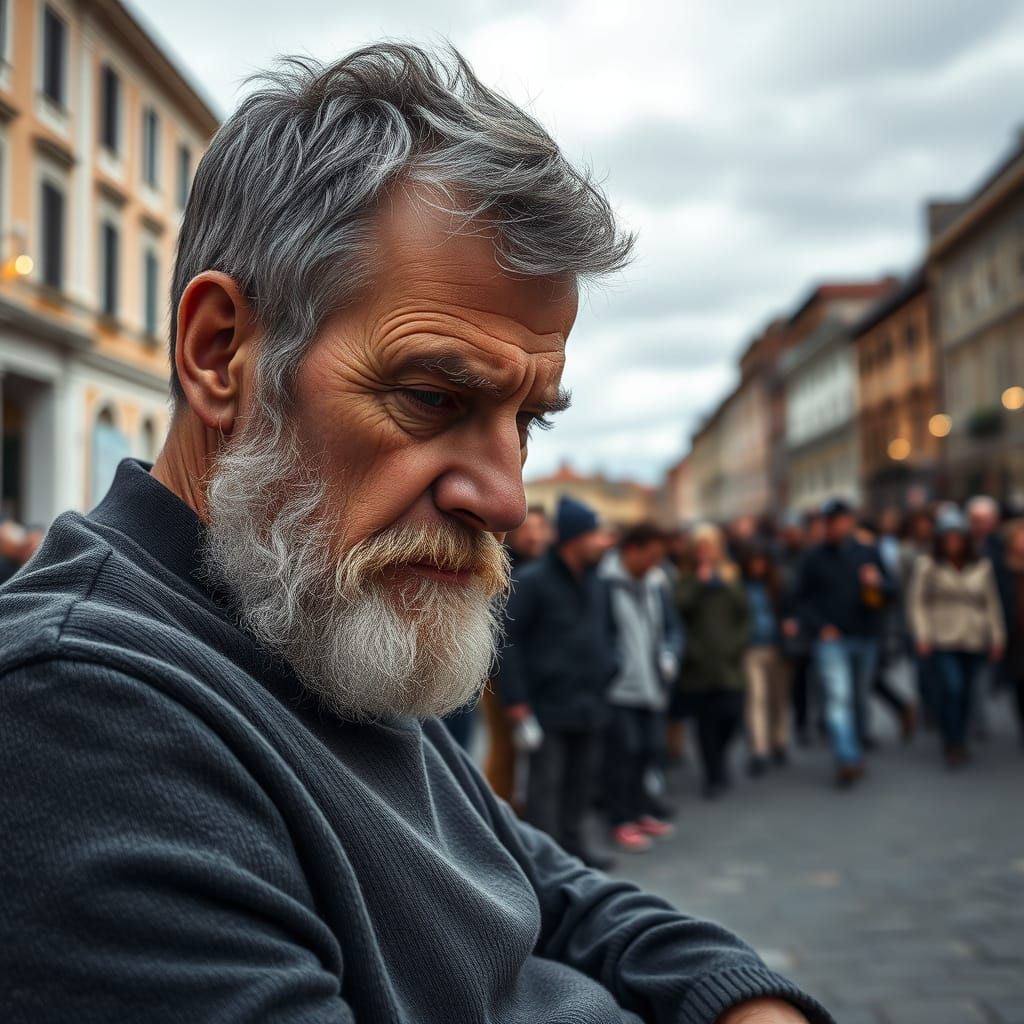 Portrait of a Disheartened Geologist in City Square