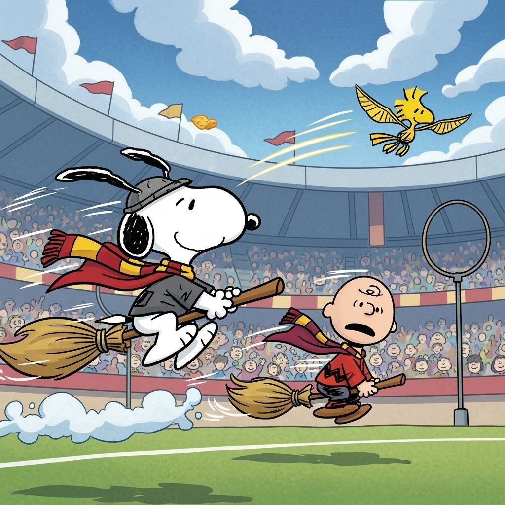Snoopy, adorned in a Gryffindor scarf and cape, is playing Q...