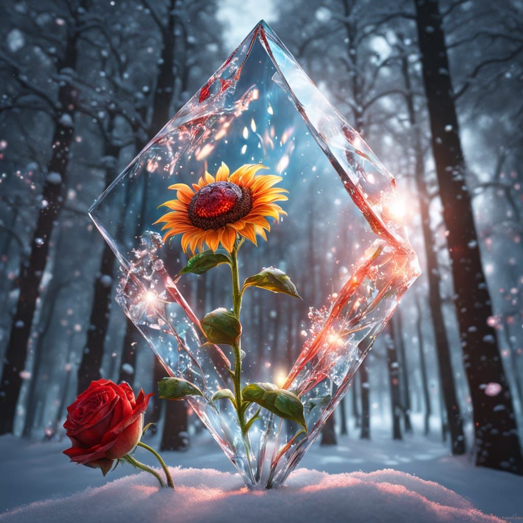 Neon Flaming Cyborg Sunflower Over Glass Rose