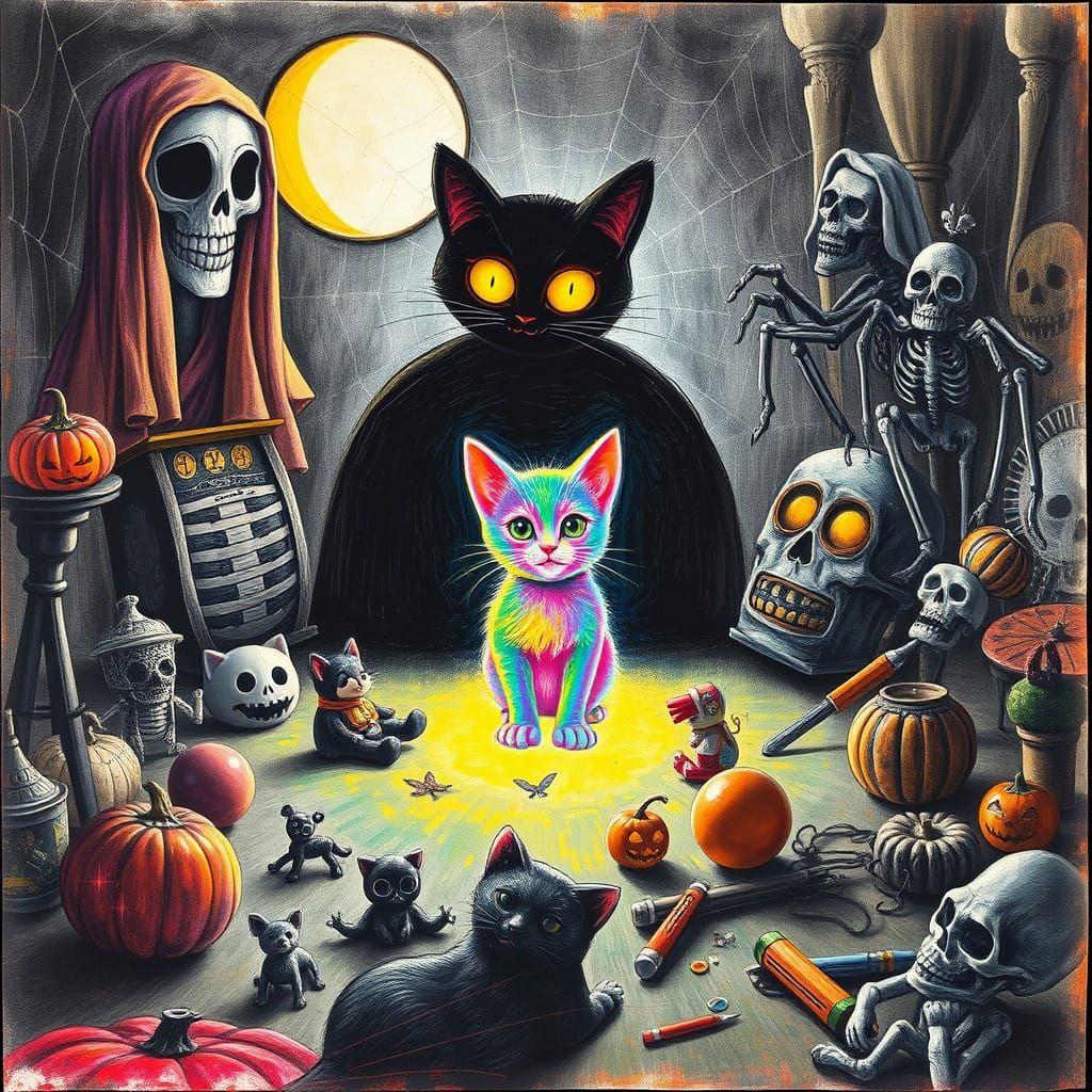 Surreal Whimsy: A Giant Black Cat in a Dreamlike Halloween S...