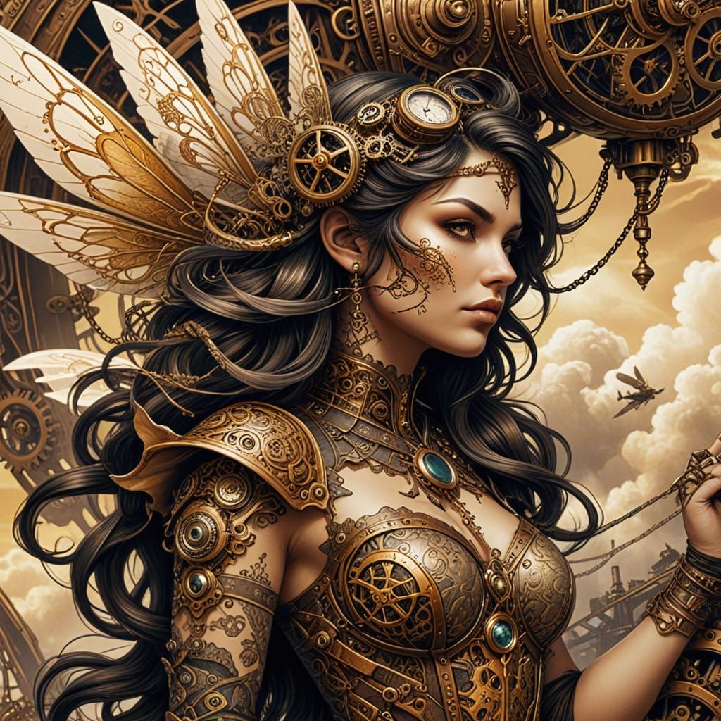 Steampunk Fairies and Airships in Detailed Ink Drawing