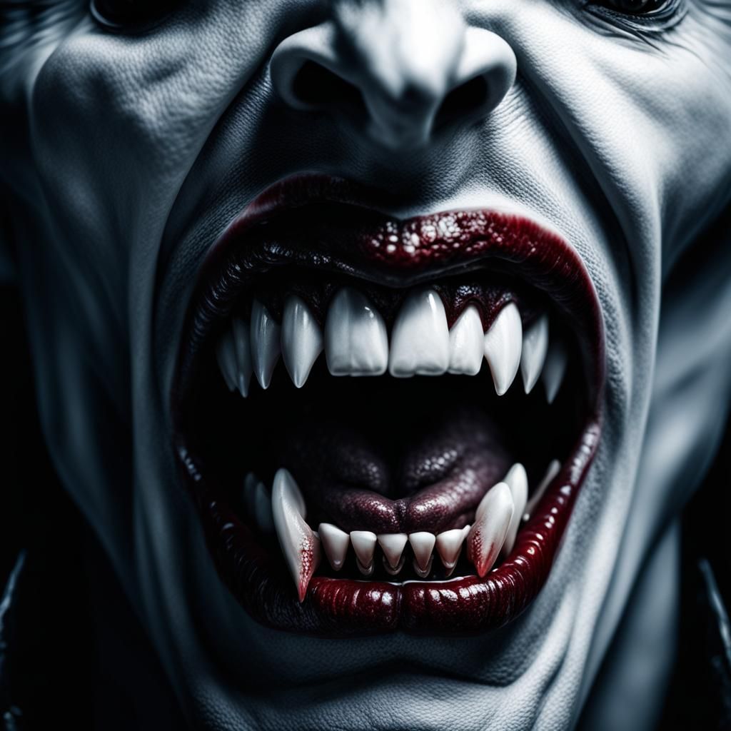 Hyperrealistic Vampire Fangs in Sharp Focus