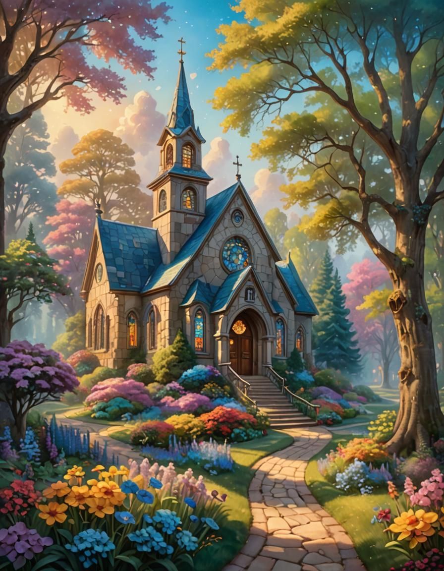Ethereal Church in Fantasy Landscape as Watercolor