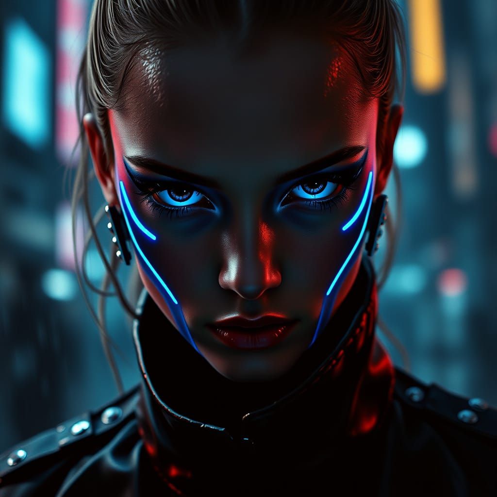 Cyborg Girl in Neon Leather Suit, Cinematic Film Still