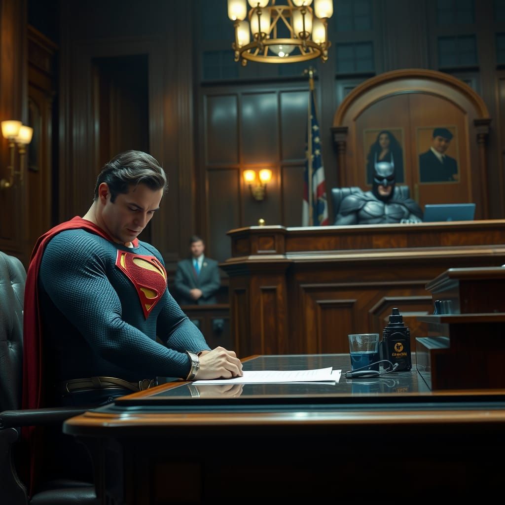 Superman in Courtroom Drama with Batman and Lex Luthor