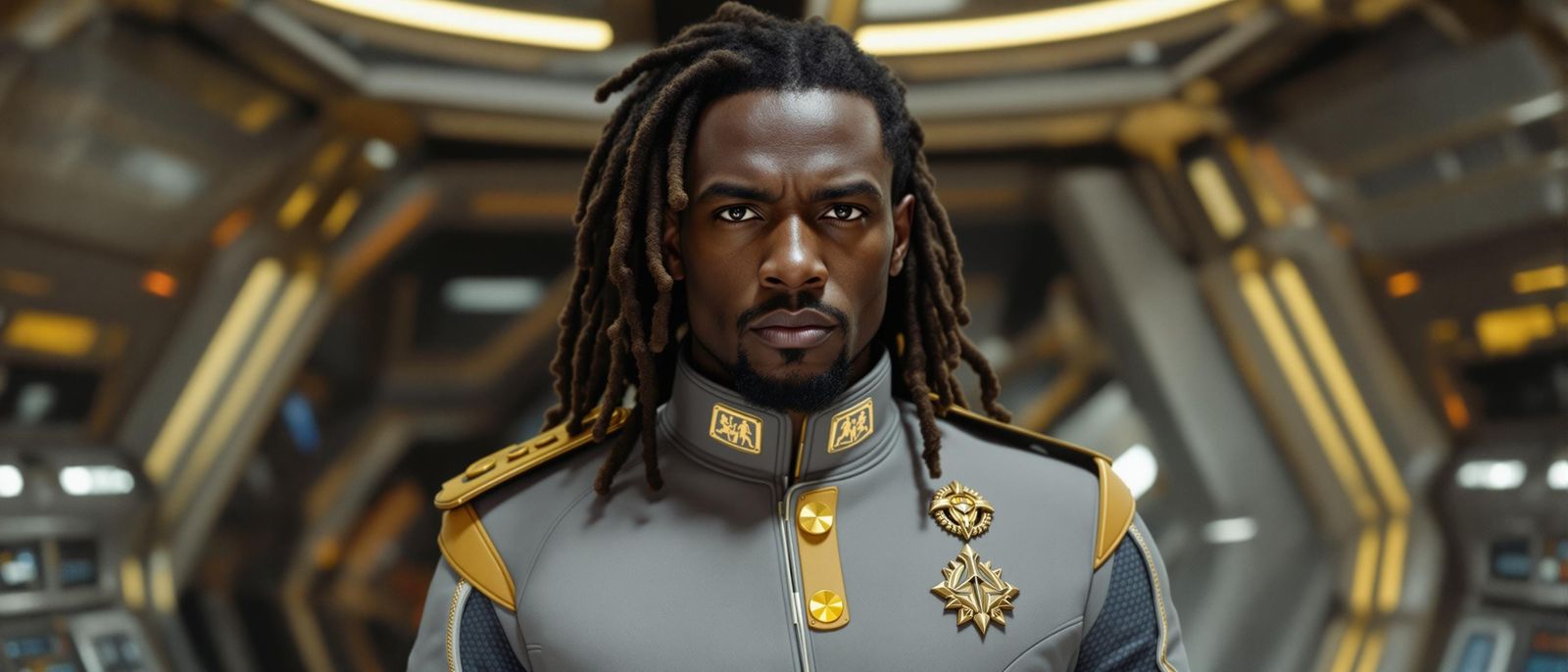 Confident Futuristic Starship Officer in Distinctive Grey an...