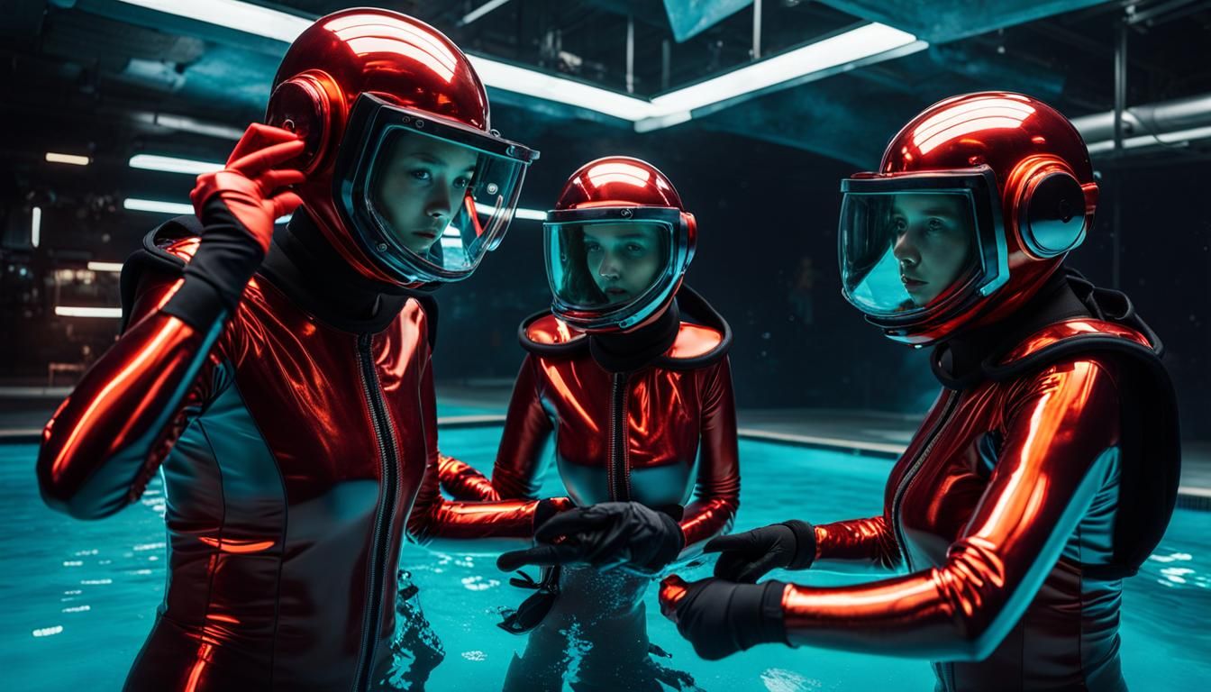 Girls in Futuristic Scuba Suits Underwater, Detailed Matte P...