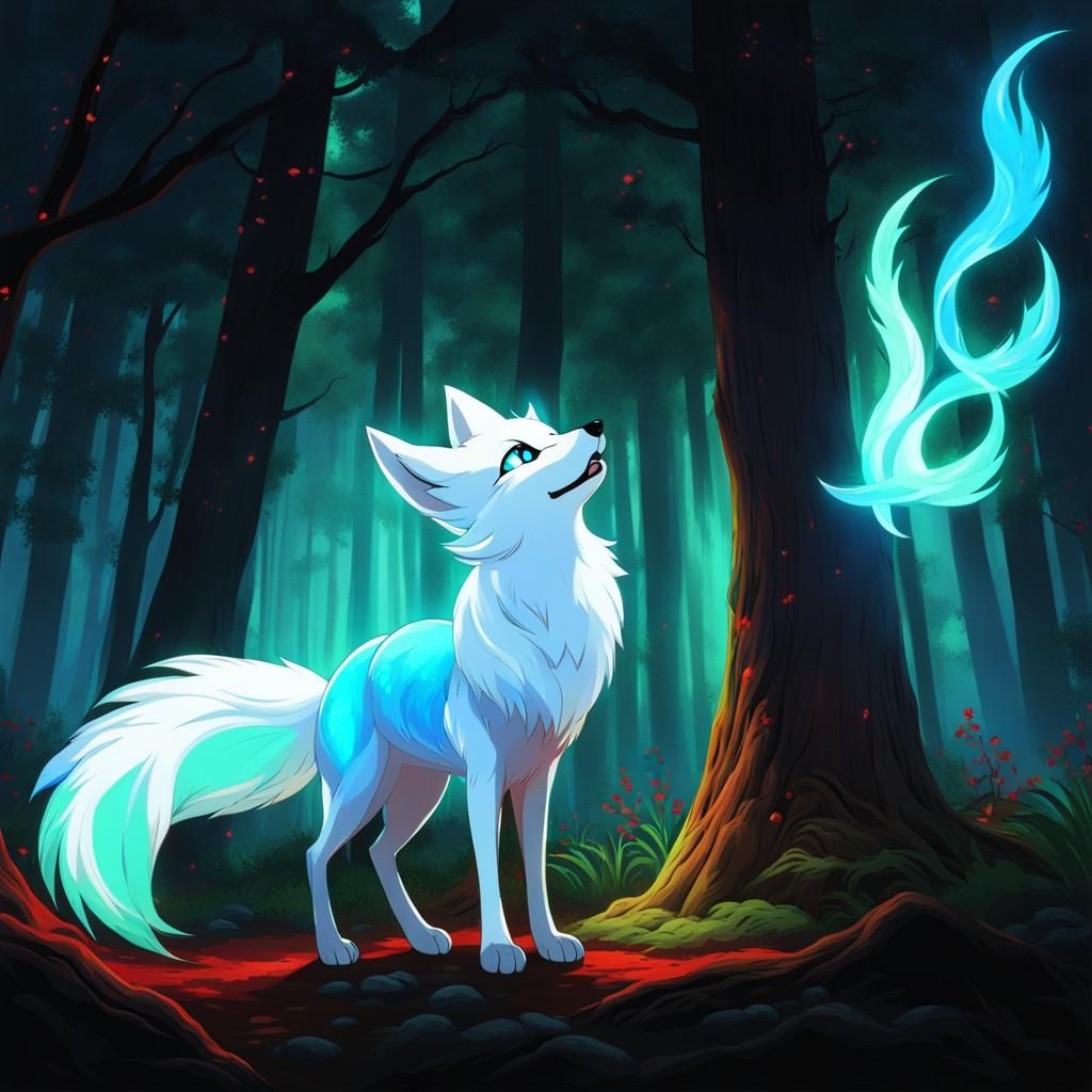 Mystical Nine-Tailed Fox in Red Forest