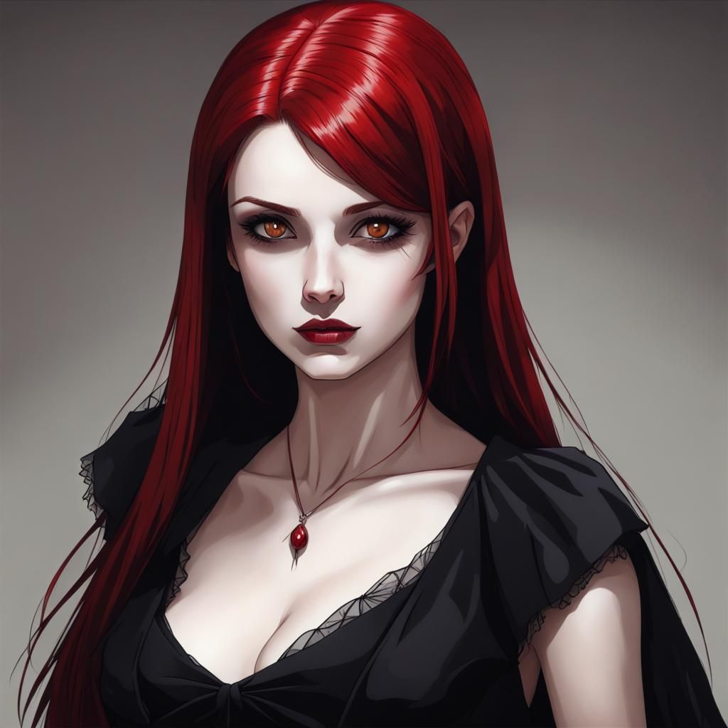 Vampire Woman with Red Hair in Black Dress