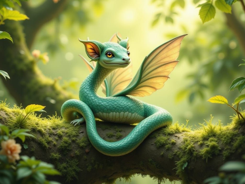 Whimsical Winged Snake in Lush Forest