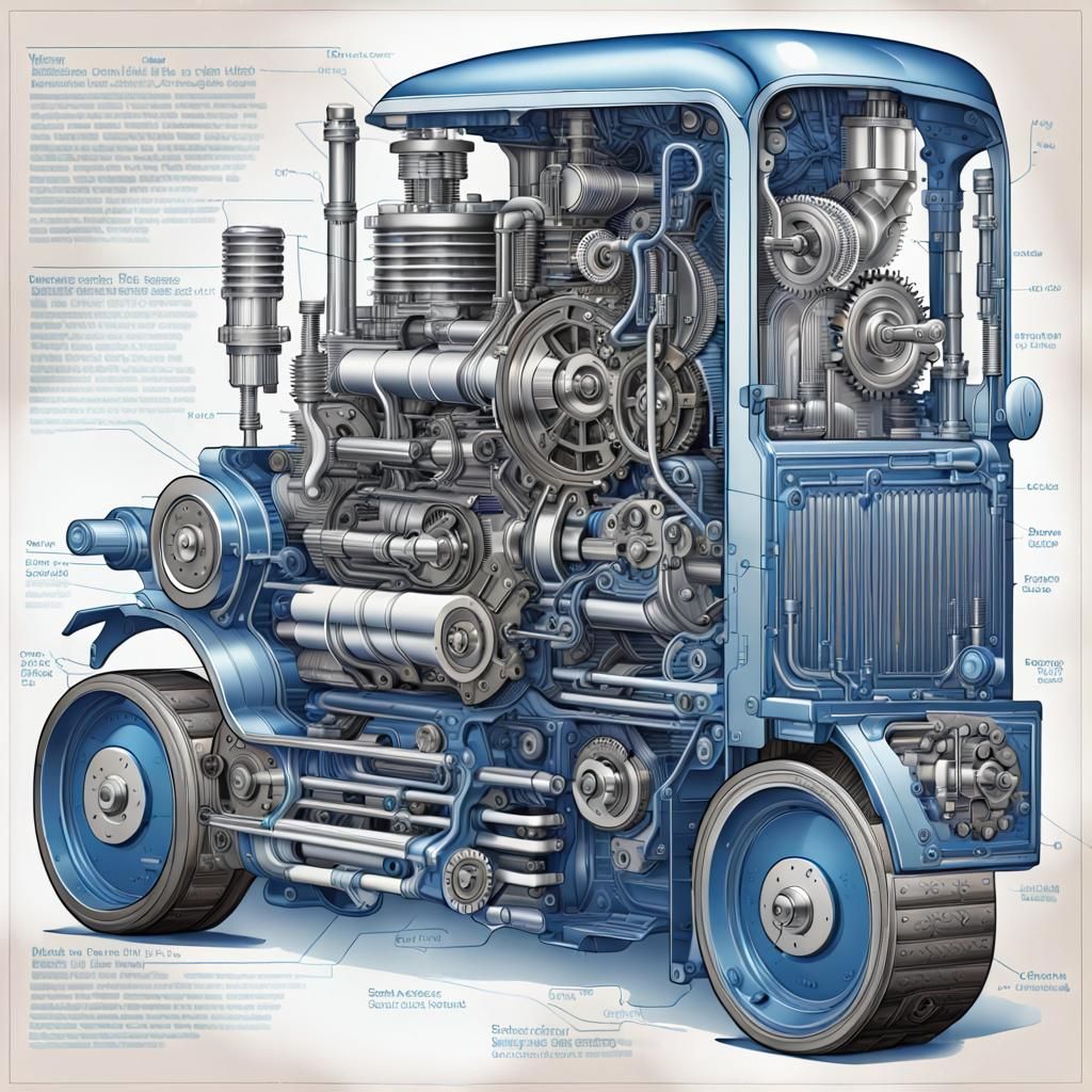 Dieselpunk Truck Cutaway Illustration in Vintage Style