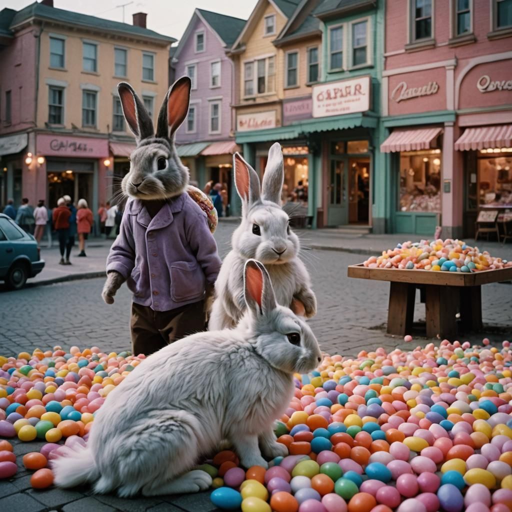 Bunnies in Candy Town Square: Cinematic Film Still