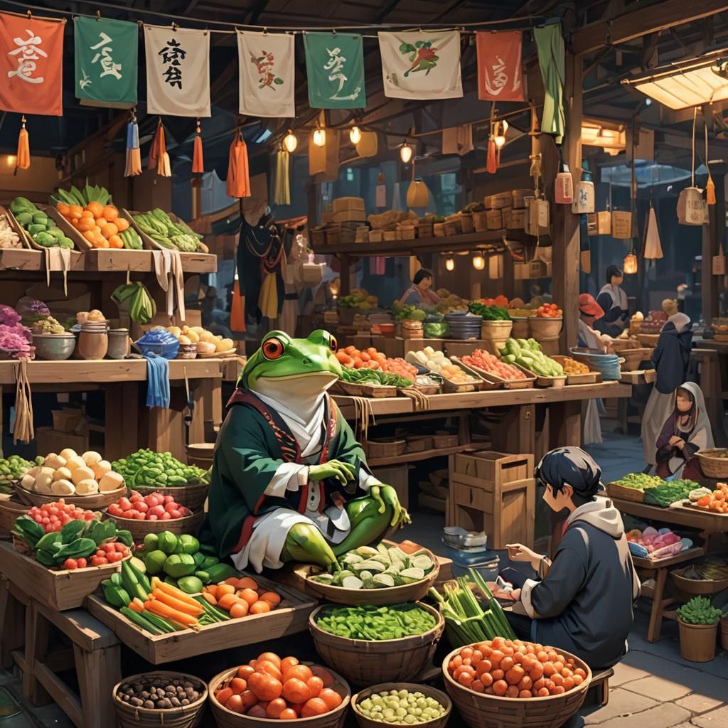 Frog Merchant in Bustling Anime Market