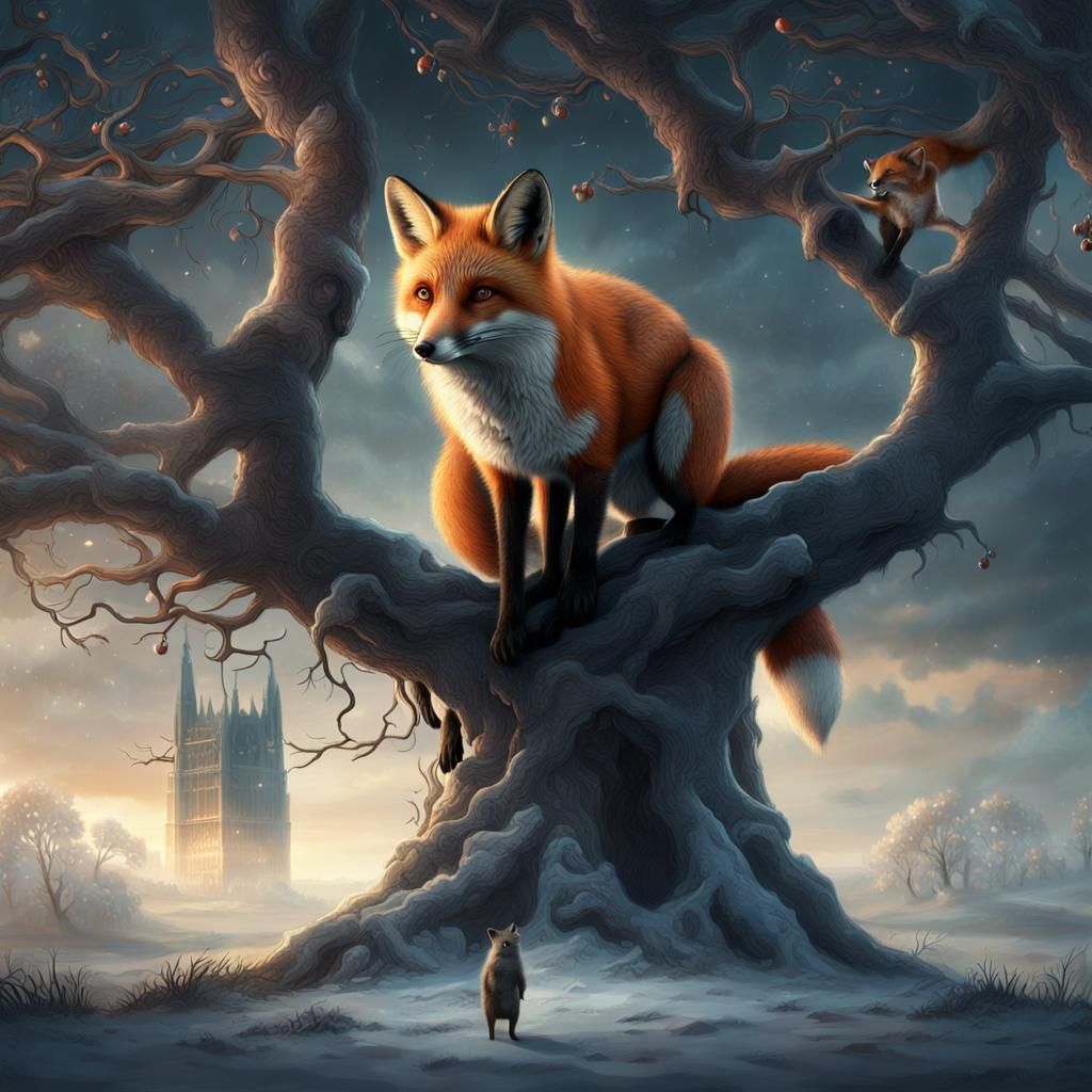 Dramatic Fox and Rat Tree Scene as Digital Painting