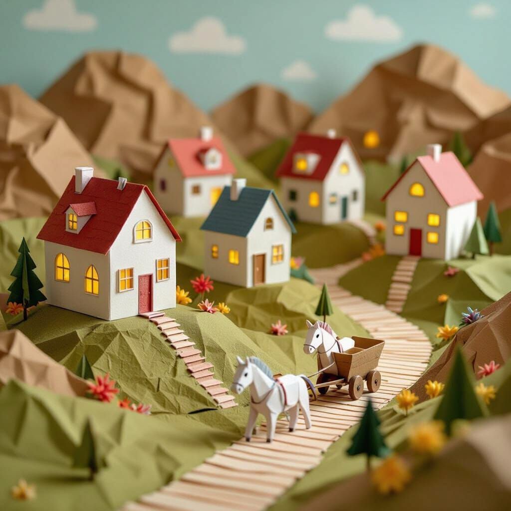 Whimsical Folded Paper Village Illustration