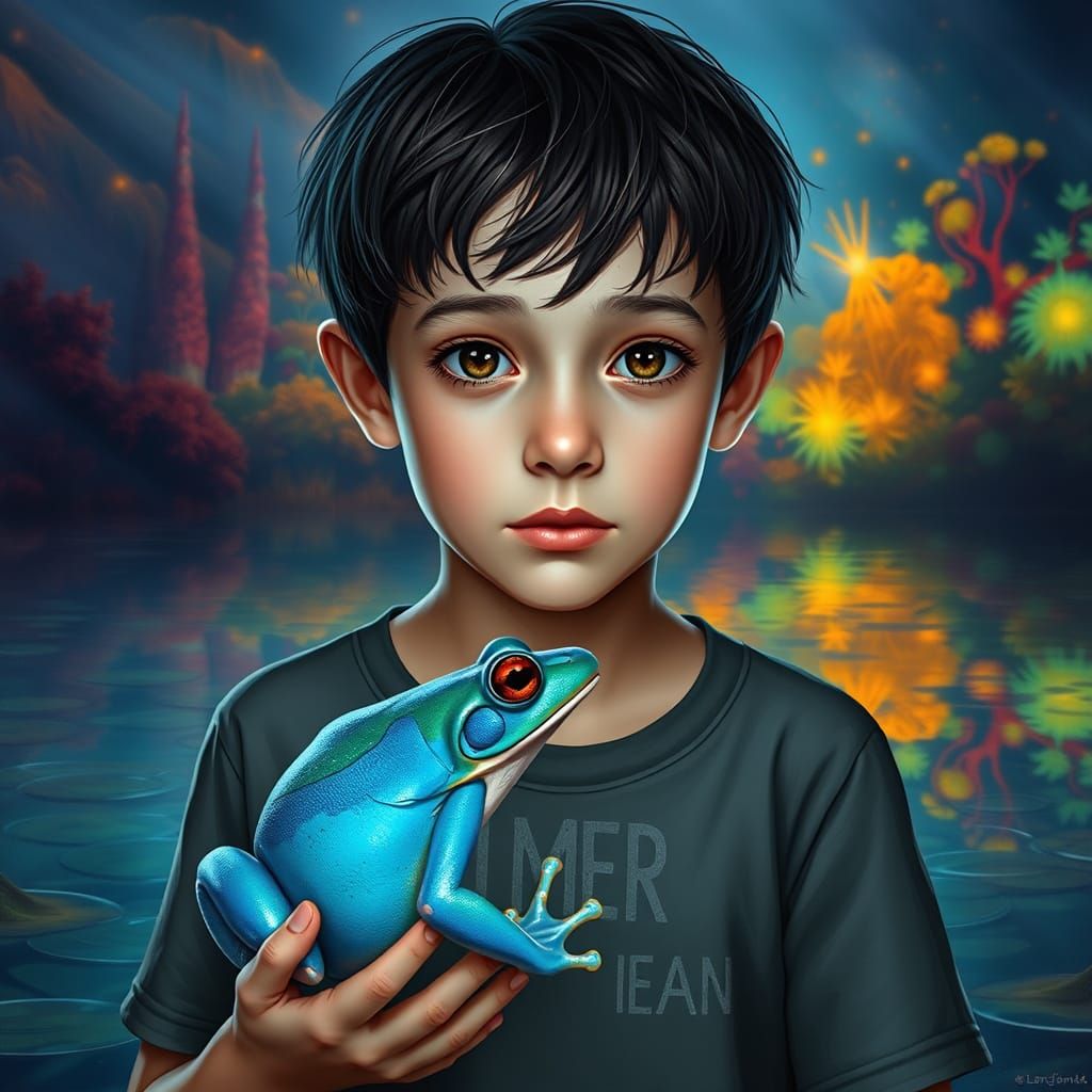 Boy with Blue Bullfrog in Hyperrealistic Style