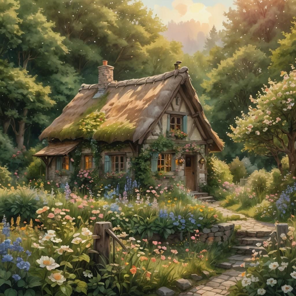 Cozy Cottagecore Cottage in Watercolor Style