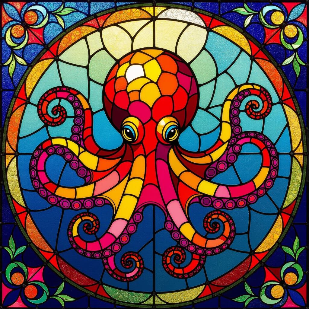Stained Glass Octopus with Art Nouveau Elements