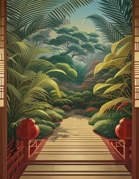 Japanese Palm Leaves in Ukiyo-e Style with Gold