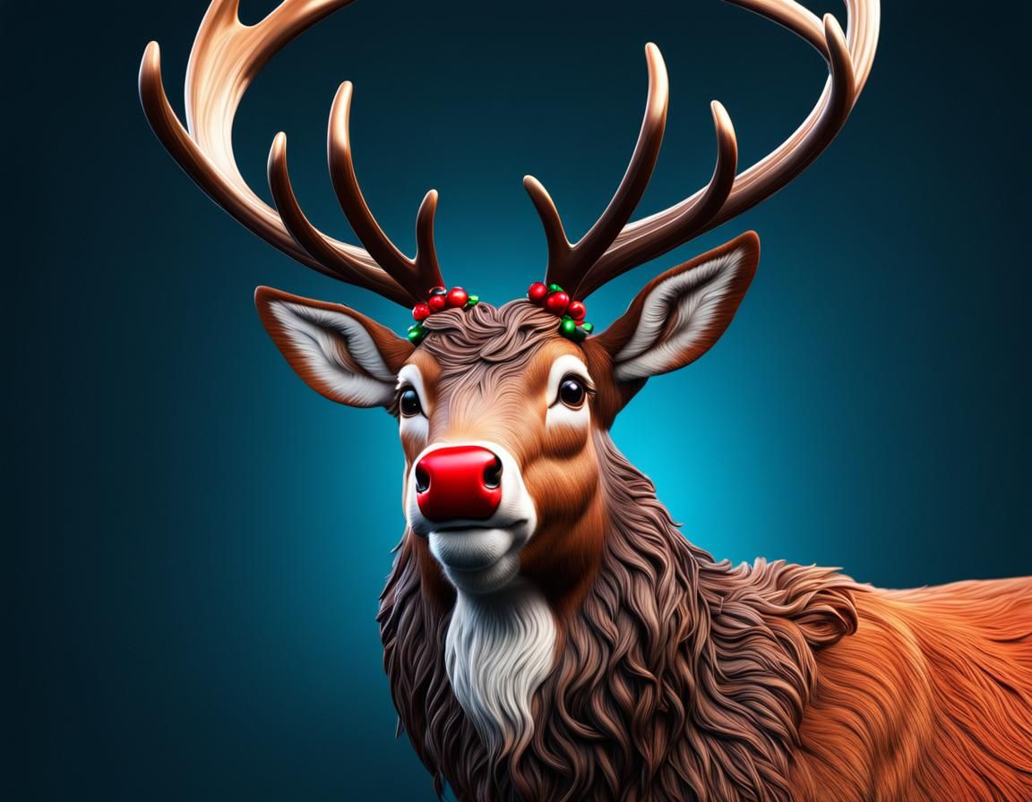 Hyperrealistic Christmas Reindeer Portrait with Red Nose