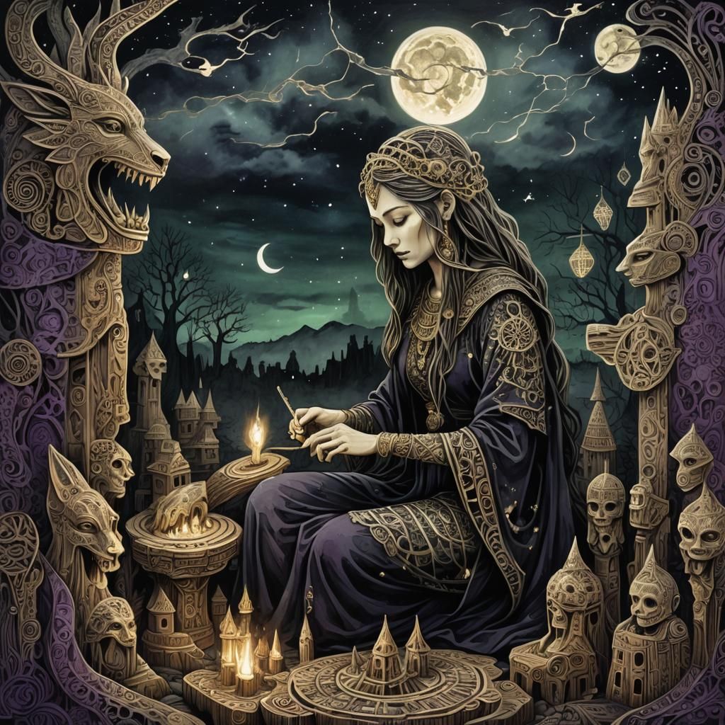 Dark Fantasy Woman Carving Idols Under Night Sky
