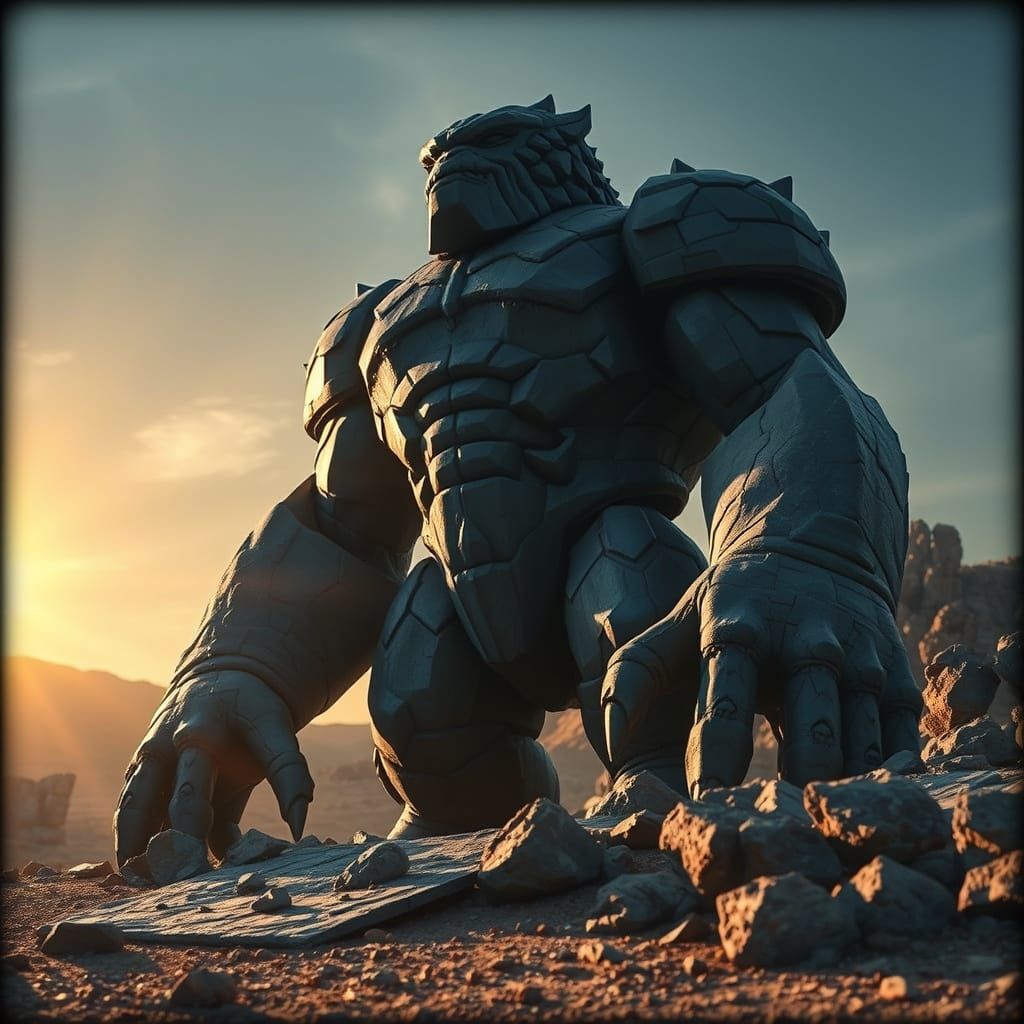 Ancient Blue Stone Golem in Dramatic Sunset Landscape
