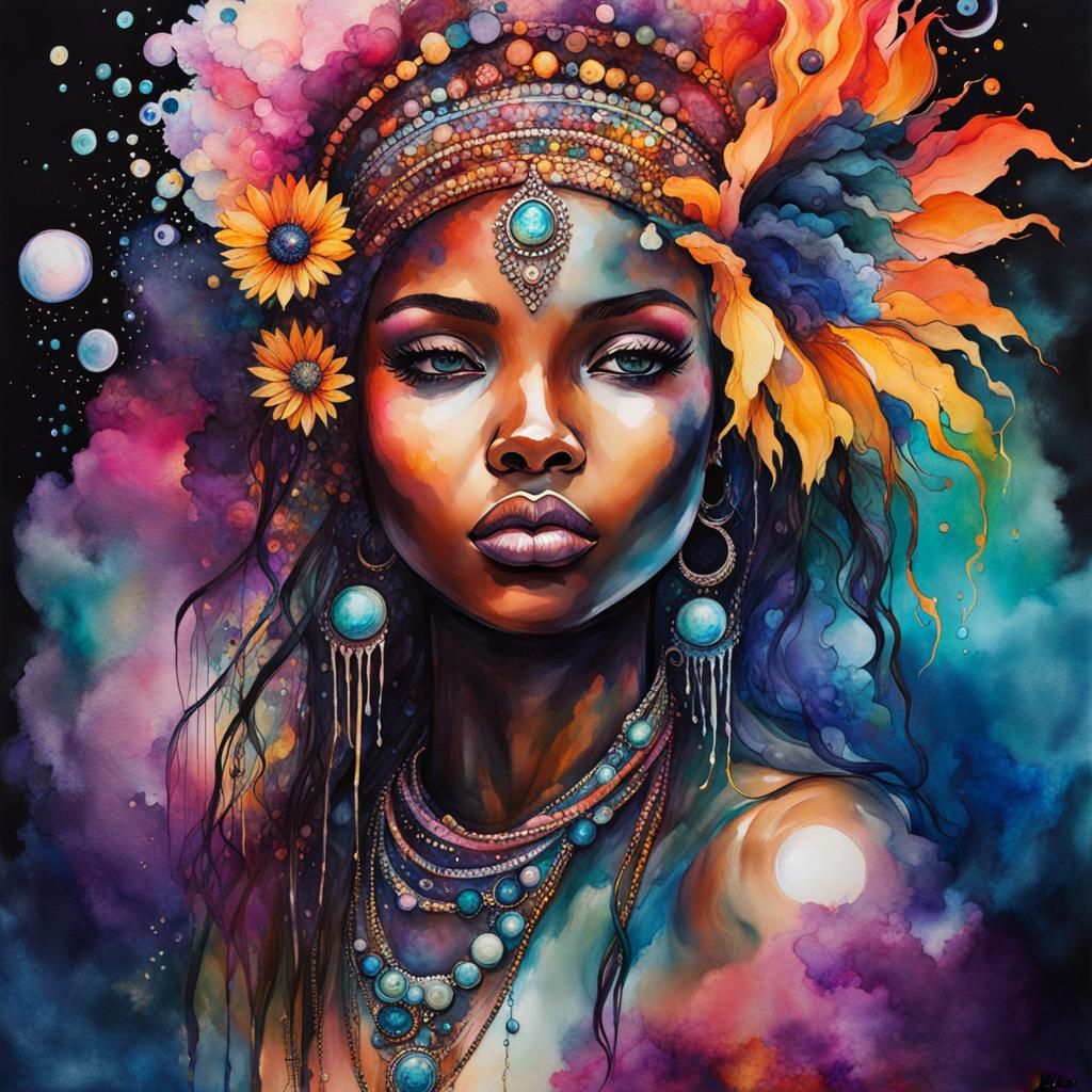 African Tribal Woman in Watercolor Aesthetic