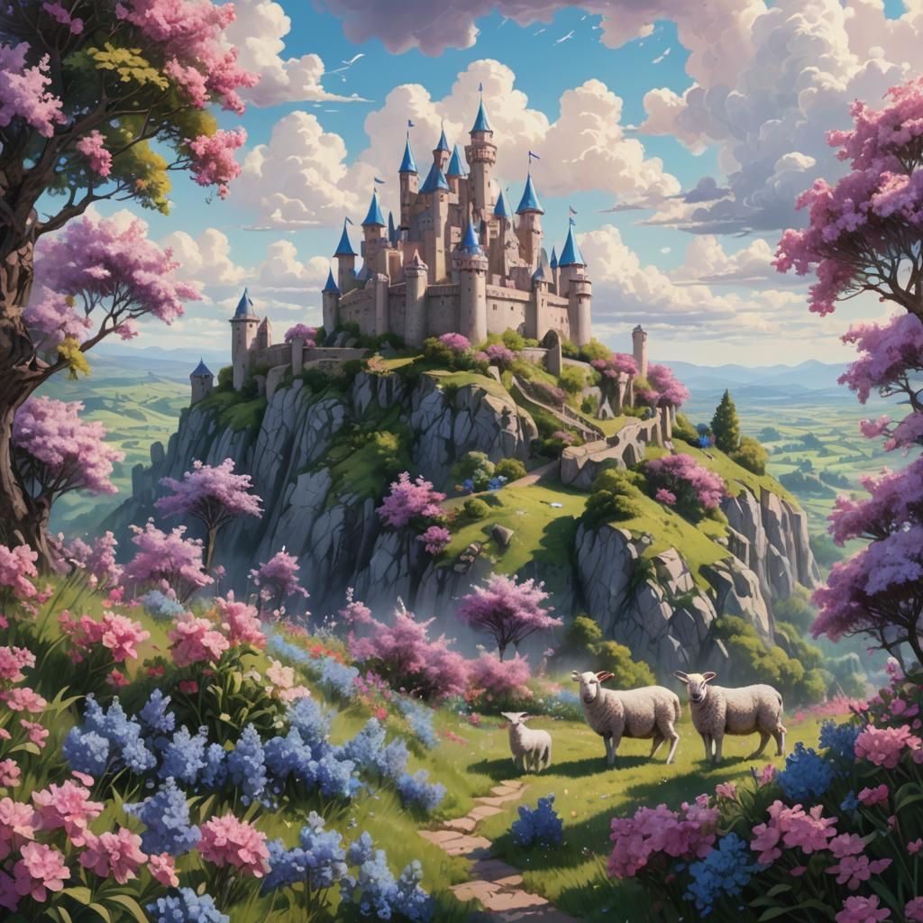 Castle on Hillside with Lambs in Watercolor Style