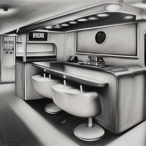 Hyperdetailed Charcoal Drawing of a 1950s Diner
