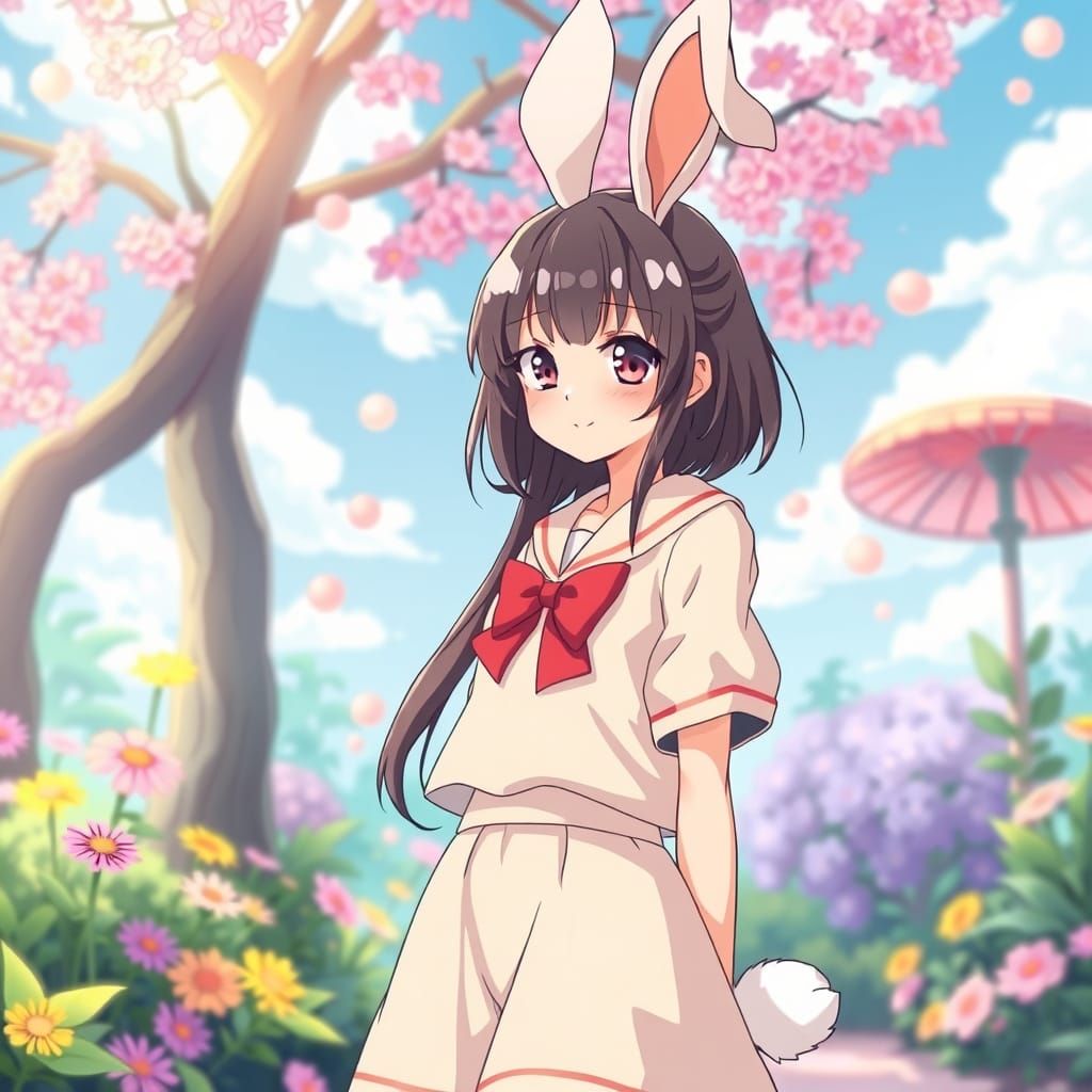Anime Woman with Rabbit Features in Dreamy Paradise