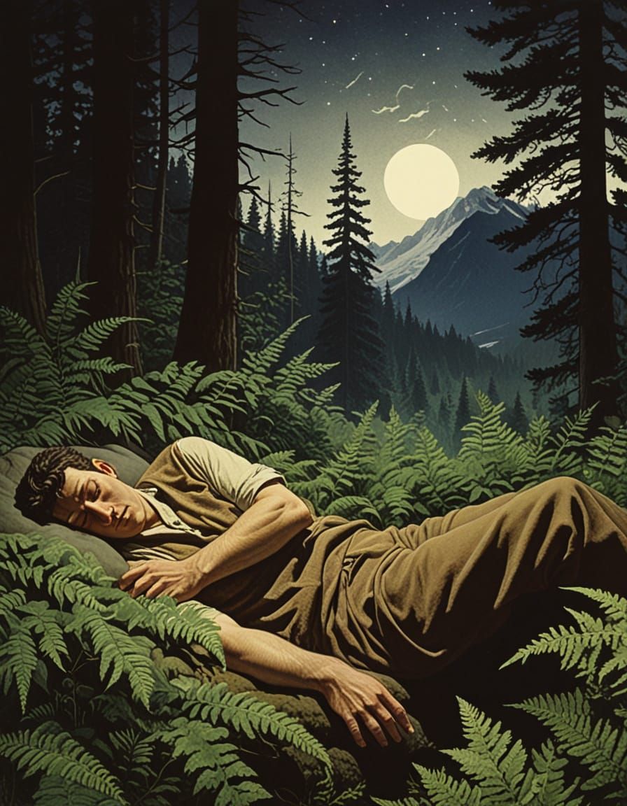 Man Sleeping in Alaskan Forest, Illustrated Art