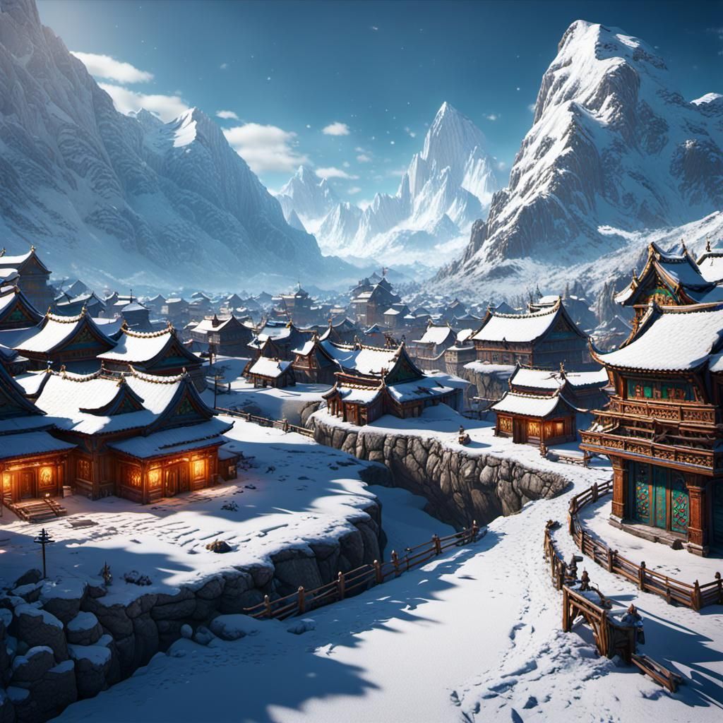 Winter Tibetan Village: Detailed Matte Painting