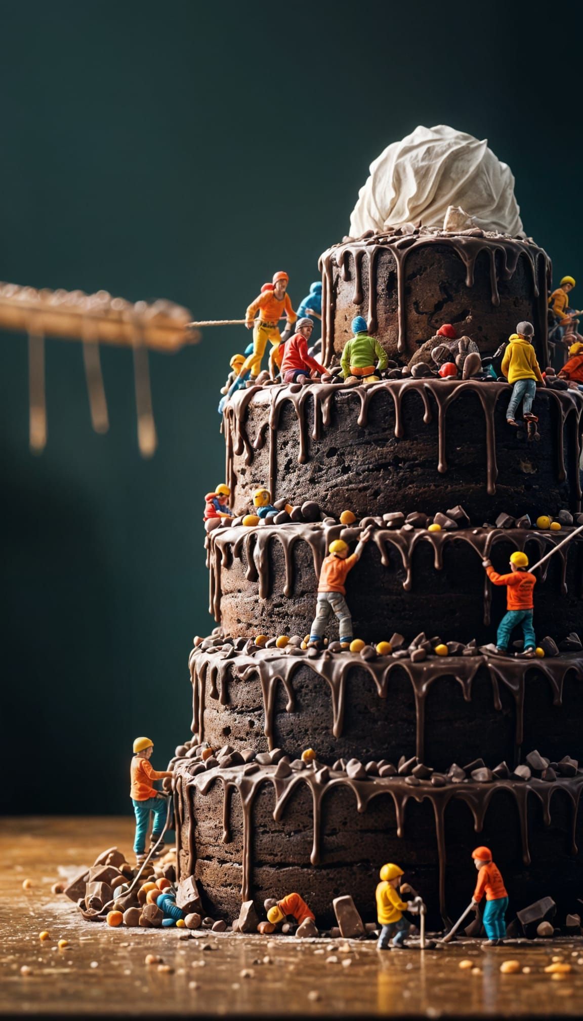 Miniature People Climb a Giant Chocolate Cake