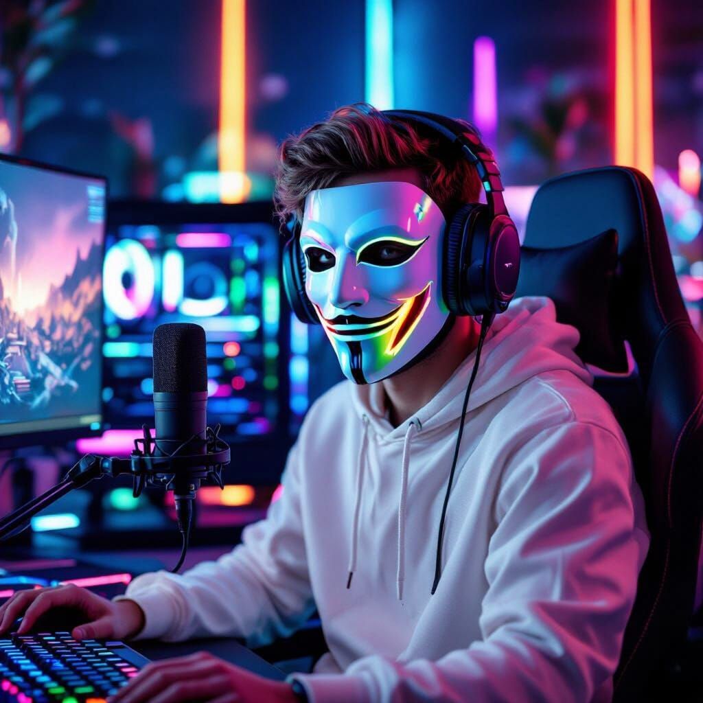 Gamer with Mask in RGB Gaming Setup