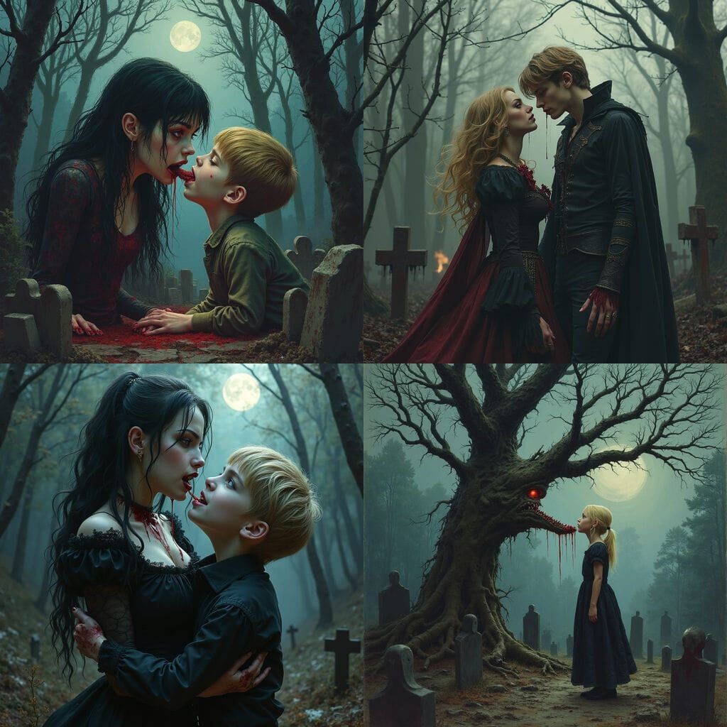 Gothic Vampire Girl Bites Teen Boy in Haunted Forest Graveya...