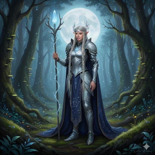 Elegant Elven Warrior in Moonlit Forest Clearing